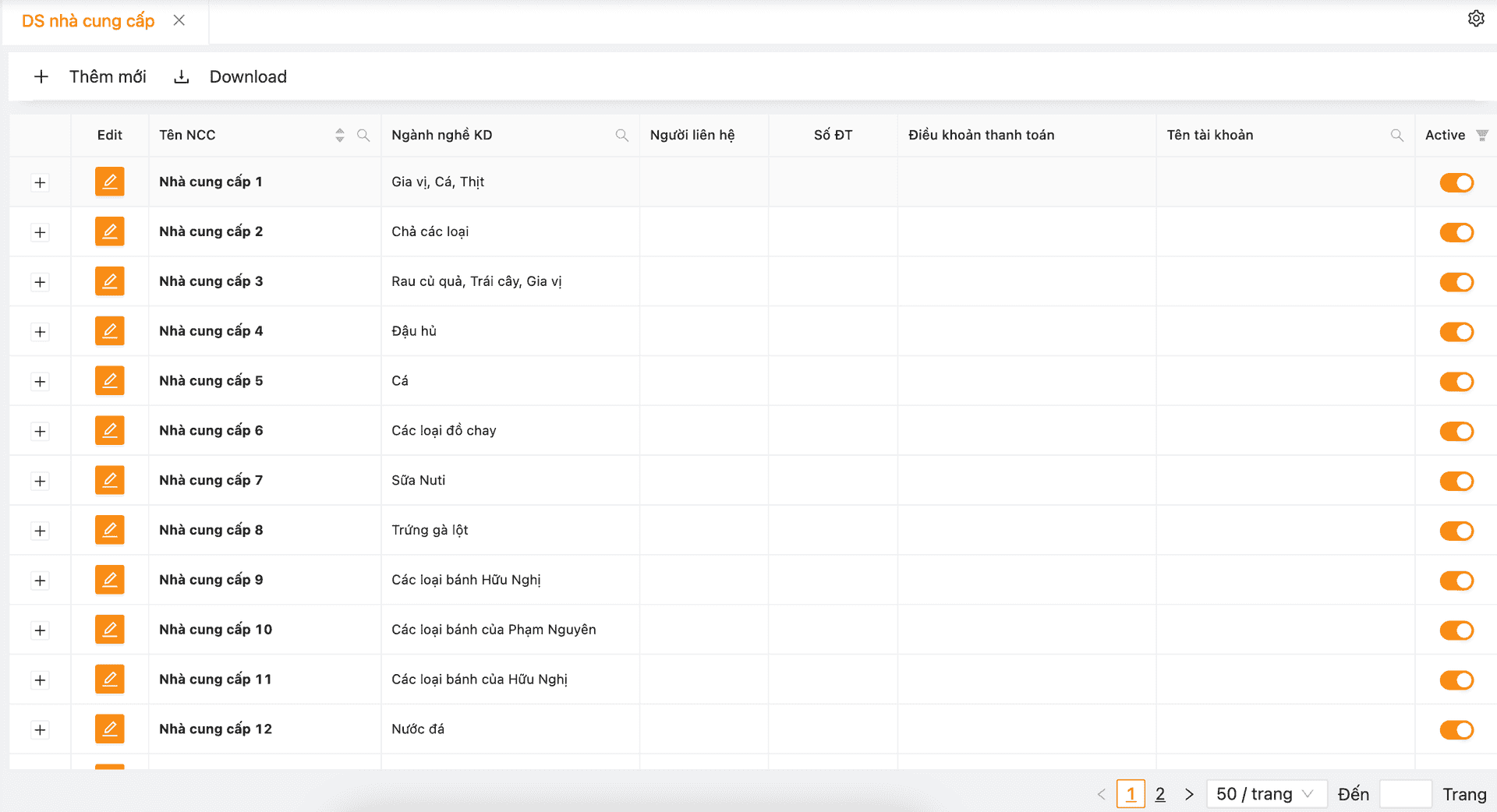Danh sách Nhà cung cấp