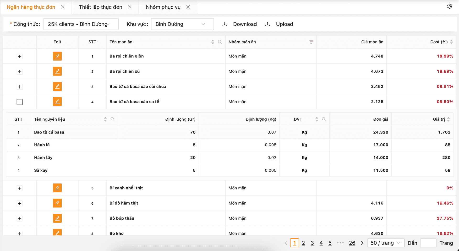 Quản lý danh sách món
